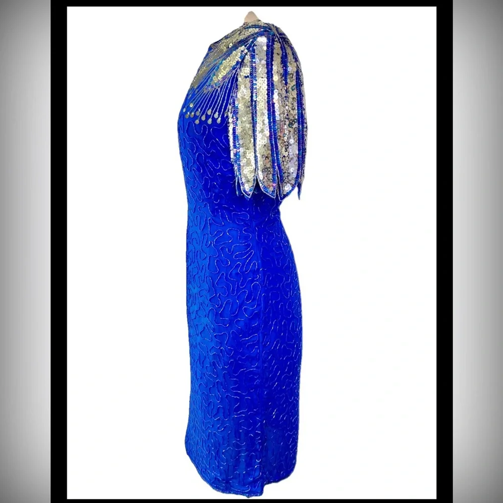 Laurence Kazar Vintage 80’s Blue Dress w/ Silver‎ Peacock Sequins and Open Back - Picture 3 of 10